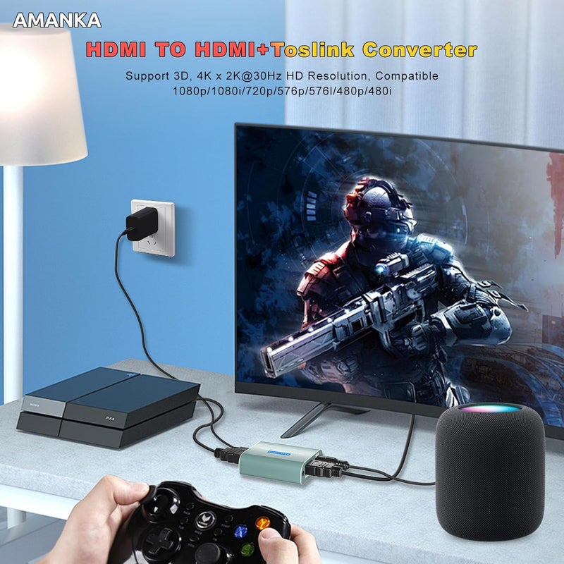 AMANKA موزع صوت HDMI 4K، محول فيديو وصوت HDMI إلى Toslink SPDIF يدعم Digital/DTS، PCM HDR10 (لا يدعم ARC) - Image 2